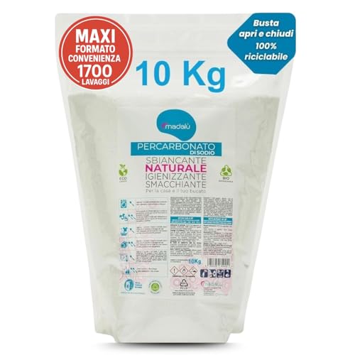Percarbonato di Sodio per Bucato Puro (10 Kg, 1700 Lavaggi) Smacchiatore Bucato, Sbiancante, Smacchiante, Igienizzante Naturale, Antimuffa, Professionale, Busta Richiudibile 100% Riciclabile