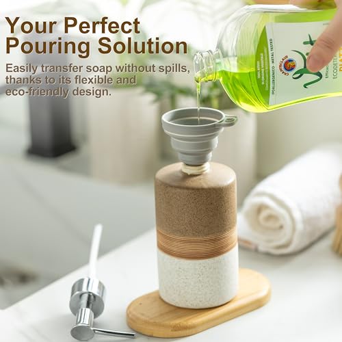 Image of Ceramic Soap Dispenser Set for Hand Soap, Shampoo, Dish Soap, Conditioner, Includes Stainless Steel Pump and Silicone Funnel, 12 Oz, Modern Kitchen Decor