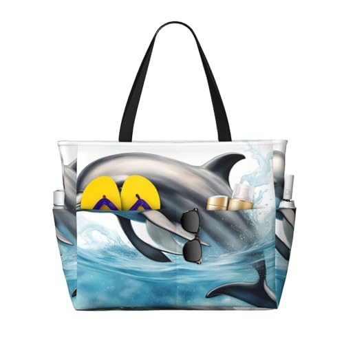 Grand sac fourre-tout imprimé dauphin avec base large de 17 cm