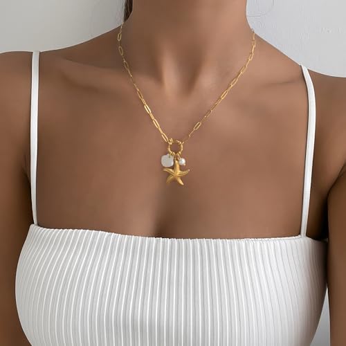 Beach Charm Necklace for Women Shell Starfish Conch Dolphin Seahorse Pendant Necklace for Summer Jewelry4