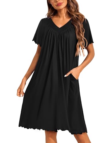 Image of Ekouaer Nightgowns for Women Short Sleeve House Dress with Pockets Pleated Soft Moomoo V Neck Sleepwear
