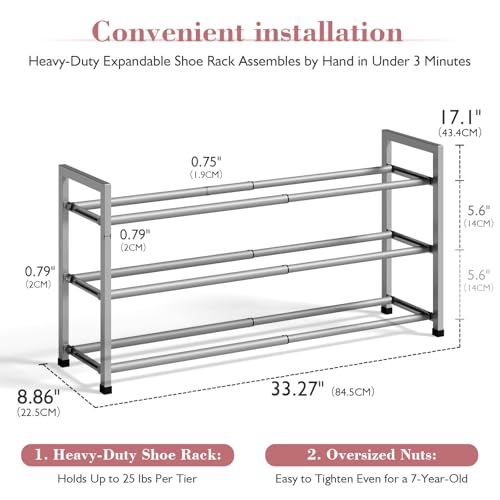 Image of Bumusty 3-Tier Expandable Shoe Rack for Closet, 18 inch-33 inch Adjustable Shoe Rack for Small Space, Small Shoe Organizer for Front Door, Sturdy Metal, Light Grey