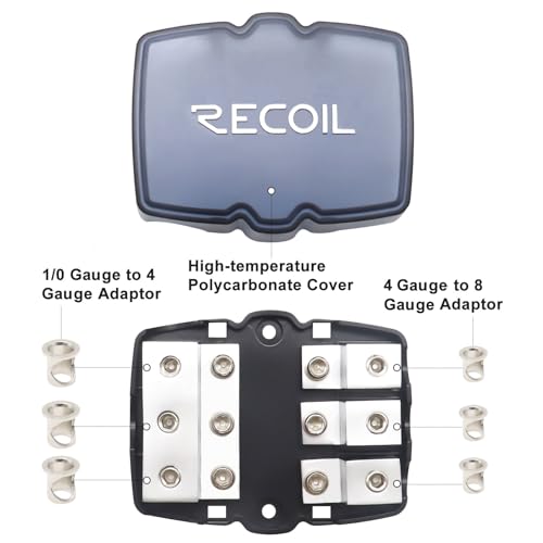 RECOIL MFH13 3-Way Mini-ANL Fused Distribution Block, 3 X 0/2/4 Gauge in / 3 X 4/8 Gauge Out Fused Distribution Block with 60A, 80A, 100A Fuses, Solid Brass for Maximum Power Transfer