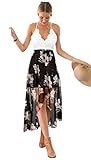 Blooming Jelly Women's Deep V Neck Sleeveless Summer Asymmetrical Floral Maxi Dress (Large, Black)