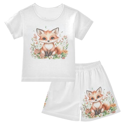 Fox Floral White Pajama Set Short Sleeve Pajamas Shorts Sets Cotton Soft Loungewear Sleepwear 5Y