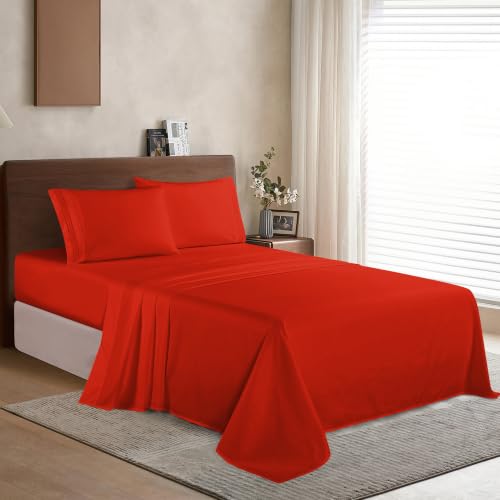 Image of Elegant Comfort Luxury Soft 1500 Premier Egyptian 4-Piece Premium Hotel Quality Wrinkle Resistant Coziest Bedding Set, All Around Elastic Fitted Sheet, Deep Pocket up to 16inch, Queen, Red