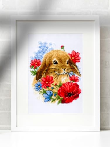 Image of RIOLIS - Bunny in Flowers 1986, Animals Cross Stitch Kits 6 inchx7 inch, Cross Stitch Kits for Beginners & Advanced, Crossstitching Kit Adult, Embroidery Counted Stitching Kit