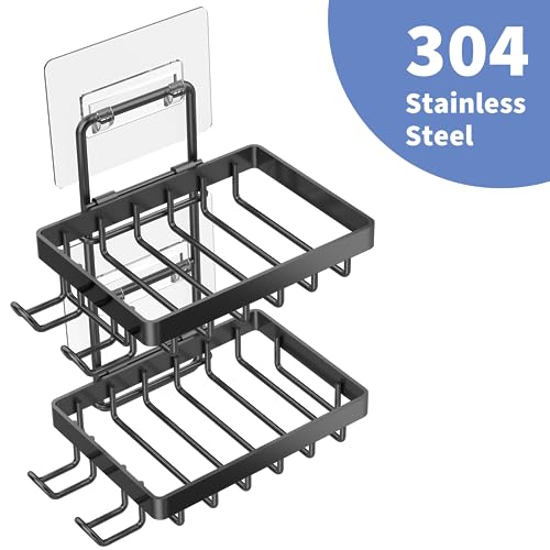 Moforoco Double Soap Bar Holder for Shower, No Drilling, 304 Stainless Steel, Wall Mounted Soap Holder with 4 Hooks and Razor Holder, Shower Rack Soap Tray Bar Soap for Bathroom Accessories Organizer - Image 6