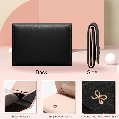 Sunwel Fashion Girls Cute Coquette Bow Wallet with Pink Froral Small Wallet Cash Pocket Card Holder ID Window Purse for Women (BLACK)3