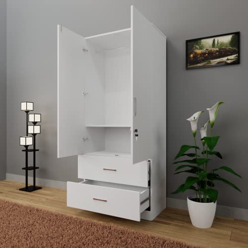 Image of VIKI Wardrobe | Wooden Almirah for Clothes,Door for Bedroom, 2 Door Wardrobe with Drawer & Hanging Space (Frosty White - 40D x 80W x 180H) | 1 Year Warranty | Free Assembly
