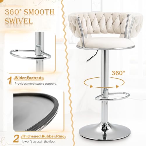 Velvet-Swivel-Bar-Stools-Set-of-4-Modern-Adjustable-Barstools-with-Woven-Back-Counter-Height-Bar-Stool-with-Silver-Leg-Upholstered-Bar-Chair-for-Kitchen-Island-Pub-Cafes-Bar-Counter-Ivory Velvet Swivel Bar Stools Set of 4 Modern Adjustable Barstools with Woven Back Counter Height Bar Stool with Silver Leg Upholstered Bar Chair for Kitchen Island Pub Cafes Bar Counter Ivory