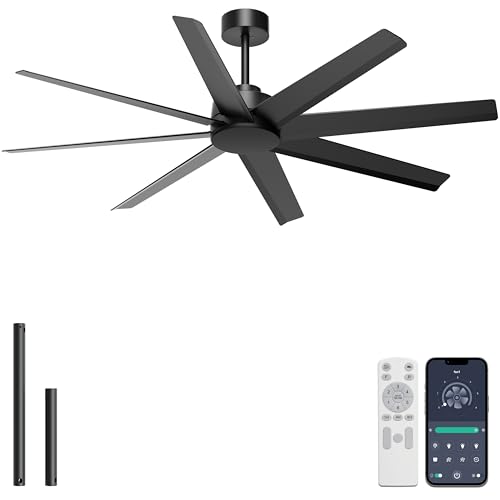 Ohniyou 60'' Ceiling Fan No Light - Modern Black 8 Blades Ceiling Fan Remote/APP Control, DC Motor Outdoor Fan for Covered Patio, Living Room, Shop, Garage