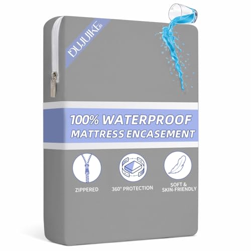 DUJUIKE Funda de colchón Impermeable, Protector de colchón con Cremallera, Impermeable, Suave, Resistente a chinches y ácaros del Polvo, hipoalergénico, Lavable a máquina (Gris, 180 x 200 x 30 cm)