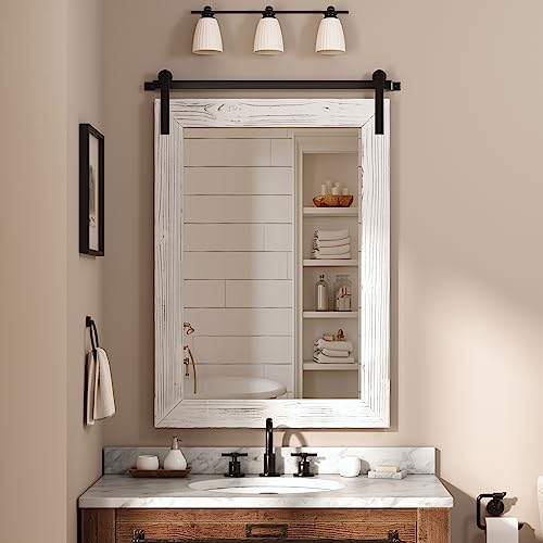 Image of COGOOD Farmhouse Bathroom Mirror - 42 x 29 Rustic Barn Door Style Mirror for Living Room, Entryway, Vanity Wall Decor (White)