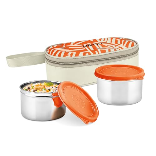 Image of MILTON Plato Pack Big Stainless Steel Lunch Box (2 X 500 ml containers) with Jacket | Leak Proof, Food Grade I Lightweight, Odour Proof | 1 Year Warranty I Ideal for Office, School, Travel, Orange