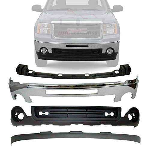 New Front Bumper Chrome Steel with Air Intake Hole + Lower Valance & Extension Textured + Cover Bracket For 2007 - 2013 GMC Sierra 1500 Direct Replacement 15902856 15131299 15917769 15246822