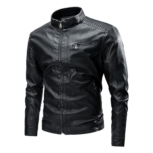 JEShifangjiusu Men'S Stand Collar Bomber Faux Leather Jacket Casual Slim Fit Pu Motorcycle Jacket Lightweight Leather Jacket