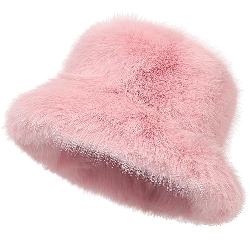 LA CARRIE Womens Fuzzy Wide Brim Faux Fur Bucket Hat Winter Warmer Fisherman Cap(Pink)