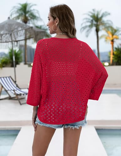 Image of Zeagoo Womens Summer Crochet Cardigan Sweaters 3 /4 Sleeve Batwing Kimono | Lightweight Short Sleeve Knit Tops,2026 Trendy Open Front Outfits,Spring Fashion Cute Clothes,Beach Vacation Boho Cover Ups