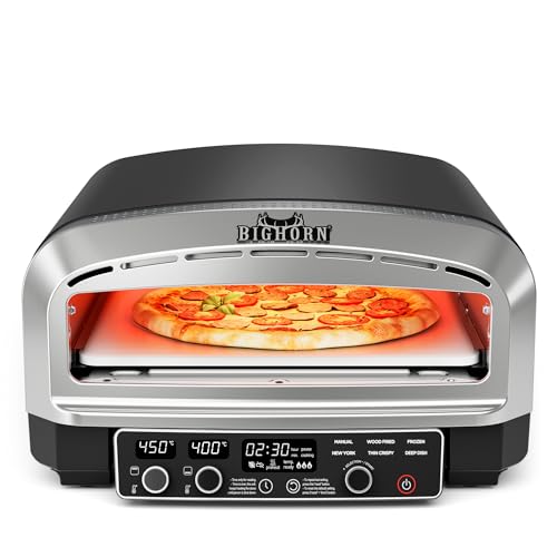 BIG HORN OUTDOORS Pizzaofen für den Innenbereich, 35 cm Elektro-Tischpizzaofen mit 6 voreingestellten Modi, perfekte Pizza-Backmaschine für zu Hause, Pizzaofen mit Pizzastein und Pizzaschaufel