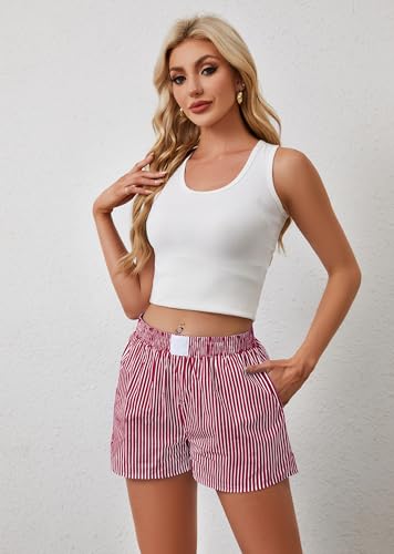 Image of Ythomm Womens Lounge Shorts Y2k Striped Print Elastic Waist Pajama Shorts Cute Boxers Bottoms With Pockets Comfy Sleepwear