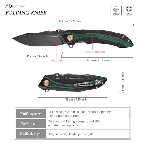 SDOKEDC Knives VG10 Steel Ball Bearing Folding Knife for Men G10 Handle EDC Tactical Pocket Knife for Outdoor Camping Hunting Survival (Black stone wash)