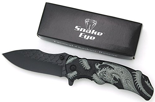 Snake Eye Tactical Fantasy Etched Dragon Design Handle Action Assist Folding Pocket Knife Self Defense Everyday Carry (Grey)