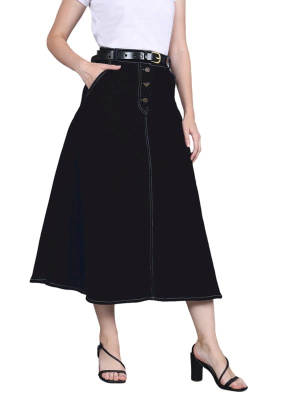 Trendy Western-Style Black Washed a-line Long Denim midi Skirt for Women and Girls, Plus, 34 inches Long-image-27