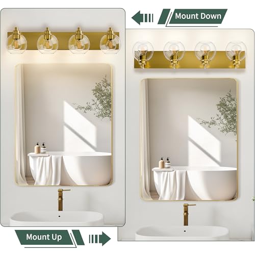 Image of 4 Light Bathroom Light Fixtures-Brushed Gold Bathroom Vanity Lights, Modern Vanity Lights 4-Light Bathroom Lighting Fixtures Over Mirror with Clear Glass Globe Shade