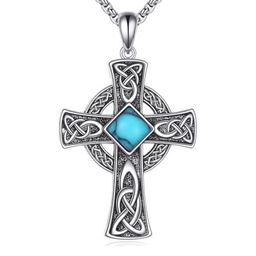 WSX Collar de plata de ley 925 con cruz irlandesa vikinga celta y turquesa de ónix con nudo vintage protector religioso, colgante irlandés vikingo, día de Navidad, para hombres, padre, cadena de 22 +