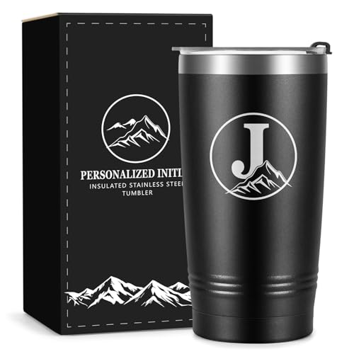 Wasocol Personalized Gifts for Men – Initial A-Z Insulated Tumbler, Birthday Gifts for Men Dad Grandpa Husband Boyfriend Brother Him, 20 oz Travel Coffee Mug with Lid(J)
