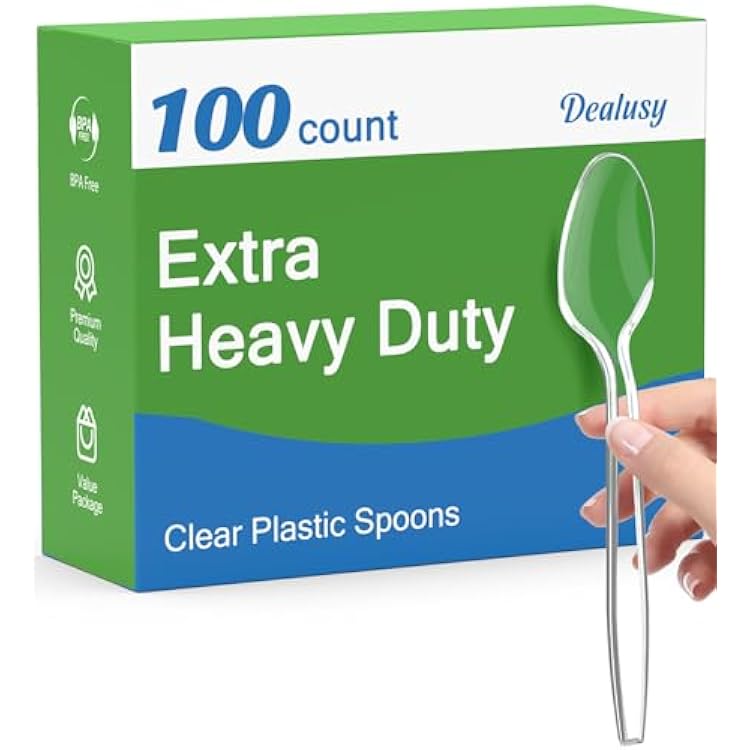 Dealusy 100 Count Clear Plastic Spoons Disposable, BPA-Free, Heat Resistant, Solid and Durable Disposable Spoons Heavy Duty Bulk, Premium Spoons plastic disposable for Party Supply