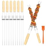 Skewers for Grilling, 17" (6 Pcs) Wooden Handle Double Pronged Stainless Steel Flat Kabob Skewers with Push Bar, Reusable Long Metal Skewer Sticks for Meat Chicken Vegetable, BBQ Accessories