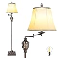 Traditional LED Floor Lamp with 350° Adjustable Swing Arm Lamp – Vintage Standing Pole lamp for Living Room, Bedroom and Office – Rustic Upright Floor Light for Home Décor with Silk Fabric Shade