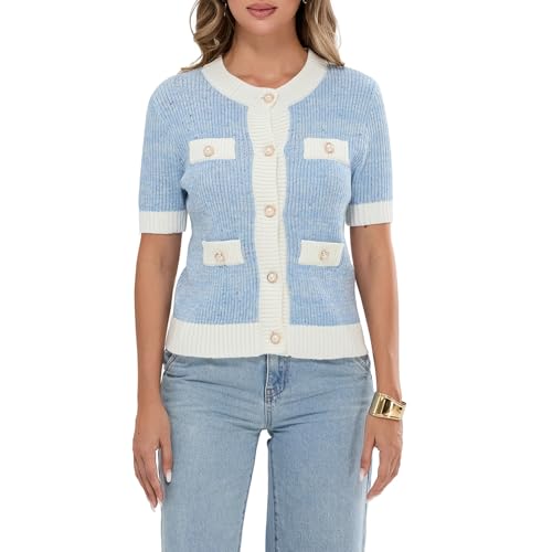 Womens Short Sleeve Button Down Cardigans Sweater Cropped Lightweight Crew Neck Elegant Knit Tops with Pockets