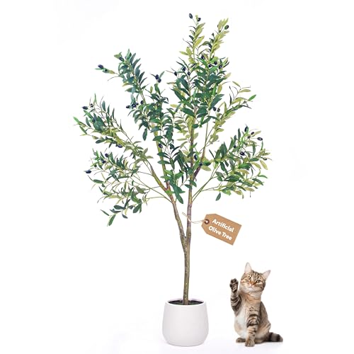 BLATOMIC Artificial Olive Tree, 5FT Tall Faux Olive Tree with White Tall Planter, Lifelike Fruits, 60in x 9in (Width x Depth), Perfect for Home Office Decor