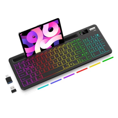 Soueto RGB Wireless Keyboard with 7-Color Backlit, Computer Keyboard with Silent Scissor Switch Keys, Rechargeable Light Up Keyboard with Phone Tablet Holder, Idea for Offic, School, Work, Black