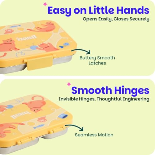 Image of Basil Bento Ace 3C Stainless Steel Lunch Box for Kids | 3 Compartment Leakproof Tiffin Box for Teens & Adults | BPA-Free, Easy-to-Open School Lunch Box | Kitty Party