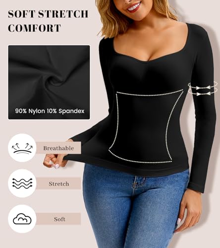 Women's Long Sleeve V-Neck Shapewear Tops, Tummy Control Compression Shirts - image 4