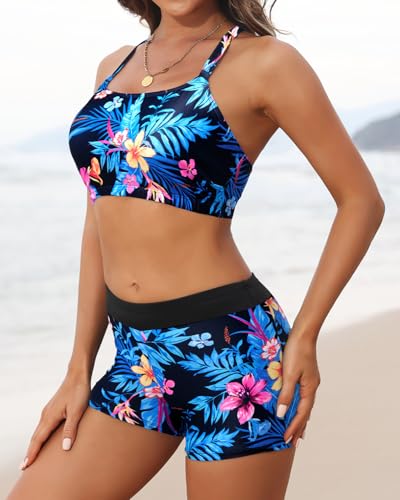 Image of 3 Piece Swimsuits Open Tie Back Tankini Top And Athletic Swim Shorts | Supportive Strappy Swim Bra, Adjustable Straps, Removable Pads, Tummy Control Boyshorts, Quick Dry Fabric, XXS-20 Plus
