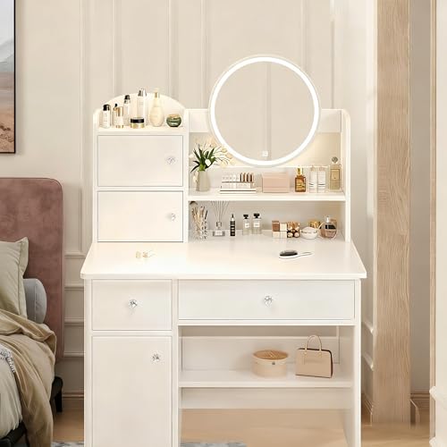 Reviews de Cajonera Con Espejo los 5 más buscados. 47 Vabches Tocador con Luces LED Regulables, Mesa de Maquillaje con 2 cajones, 3 Puertas y 1 Estante, Espejo de Pantalla táctil con iluminación Regulable,Tocador para...