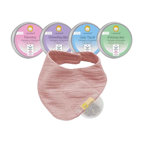 Löwenkind Baby Startklar-Set für typische Kinderwehwehchen | Erkältungszeit Unruhe Schlafprobleme Bauchbeschwerden | 4x5 natürliche Kräuterpads | Musselin-Halstuch aus 100% Bio-Baumwolle (Altrosa)