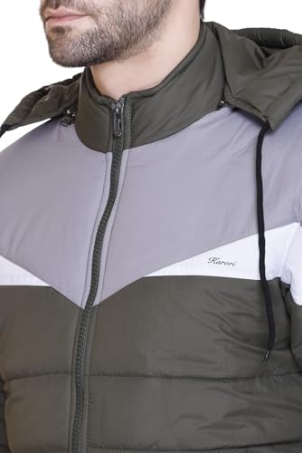 Image of Men's Navy Blue and Grey Hooded Puffer Jacket, Quilted, Zip Front