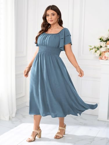 Image of Plus Size Maxi Dress Off The Shoulder Ruffle Smocked Wedding Guest Cocktail Slit Hem Flowy Dresses for Curvy Women