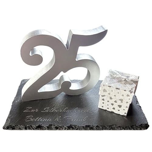 Silberhochzeit Geld Geschenk personalisiert mit Gravur auf Schieferplatte und Zahl 25