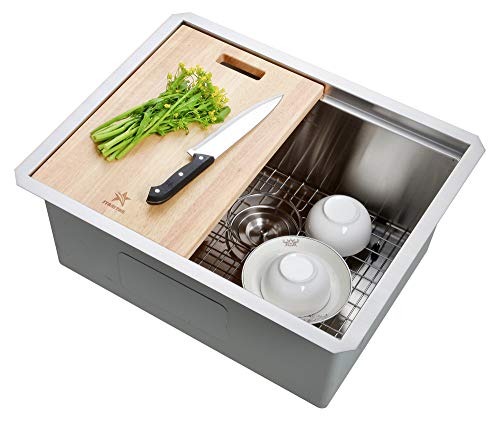 Exclusive Discount 90% Price STARSTAR Workstation Ledge Undermount Single Bowl 304 Stainless Steel Kitchen/Yard/Bar/Laundry/Office Sink, With Grid, Wood Hold Colander, Cutting Board, Strainer with Basket (25 x 18 x 10)