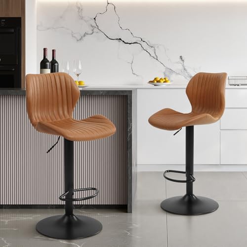 BESBLEE Modern Bar Stools Set of 2, Adjustable Stool Chairs for Kitchen Island, Swivel Barstools PU Leather for Counter Height with Backs (Whiskey Brown)