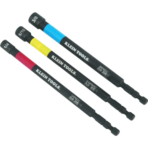 Image of Klein Tools 65411PK3 Magnetic Color-Coded Power Nut Setter Set, 1 /4-Inch Impact Hex Drive, 5-Inch Shaft, Extended Reach, 3-Piece