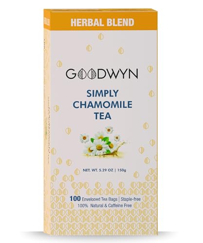 Goodwyn Chamomile Herbal Tea 100 Individually Wrapped Tea Bags – Dried Chamomile Flowers and Real Petals, Caffeine-Free, Plastic-Free, Travel-Friendly, Hot or Iced, Aromatic Soothing Indian-Origin Herbal Tea