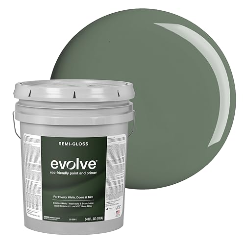 Evolve Interior Paint & Primer, Four Sheens, 1-Gallon & 5-Gallon, Designer Curated Color Palette – One-Coat Coverage, Excellent Hide, Low VOC, Low Odor, Washable Paint for Walls, Ceilings & Trim - Semi-Gloss Sheen (Ivy Green, 5-Gallon (640 fl. Oz.))